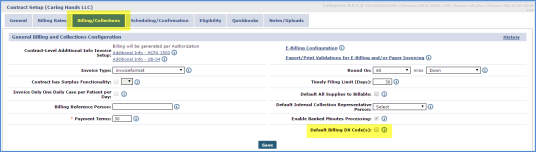 Contract Setup: Billing/Collections tab: Default Billing DX Code(s) Field
